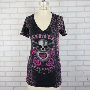 Sinful by Affliction T-Shirt Womens S Embellished Skull Roses Pink Cheetah Y2K